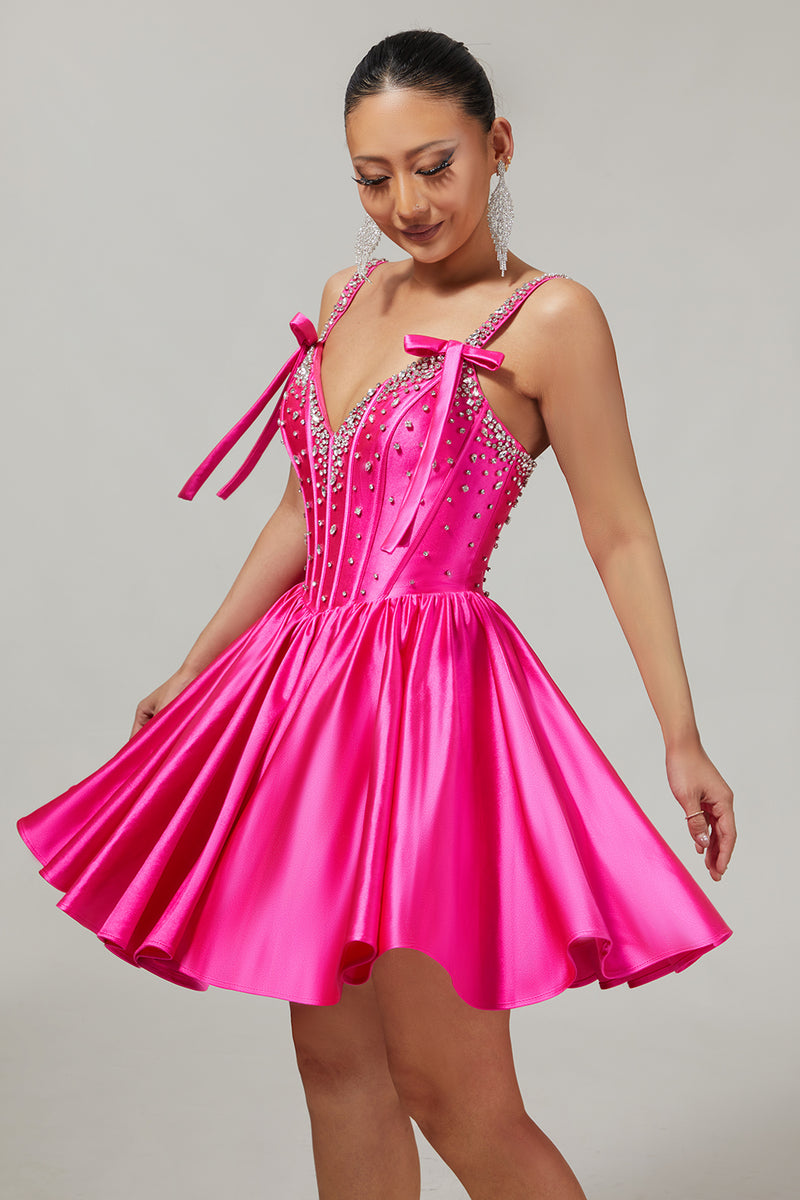 Load image into Gallery viewer, Sparkly Fuchsia Corset Short Prom Dress with Rhinestones