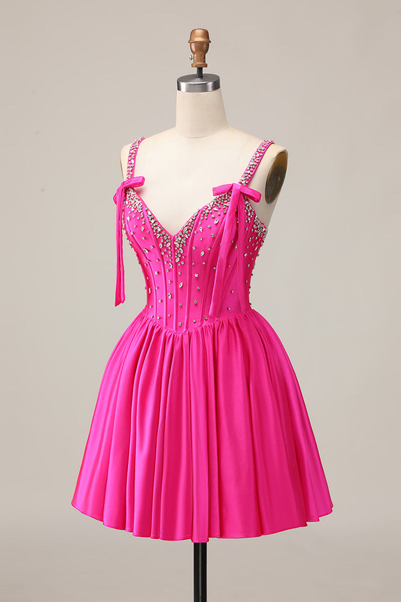 Load image into Gallery viewer, Sparkly Fuchsia Corset Short Prom Dress with Rhinestones