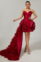 Load image into Gallery viewer, Burgundy Satin Short Tight Prom Dress with 3D Flower