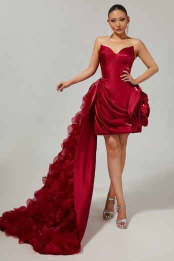 Burgundy Satin Short Tight Prom Dress with 3D Flower