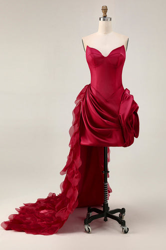 Burgundy Satin Short Tight Prom Dress with 3D Flower