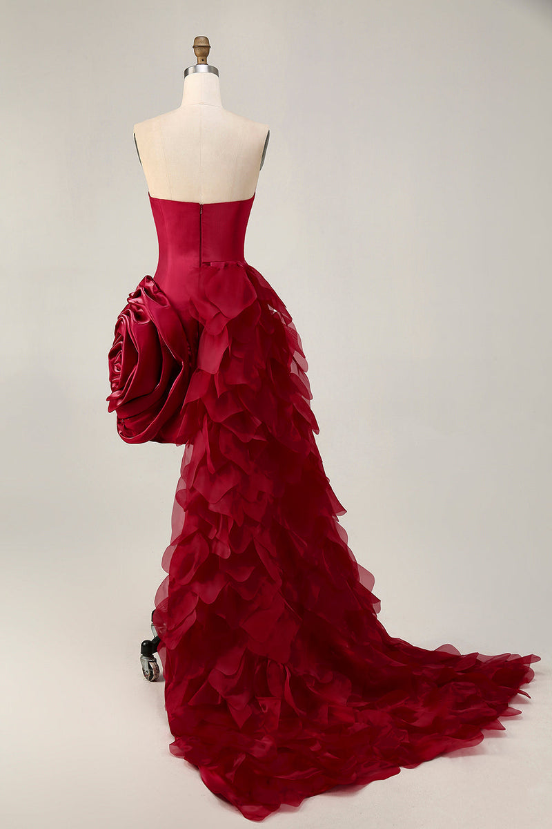 Load image into Gallery viewer, Burgundy Satin Short Tight Prom Dress with 3D Flower