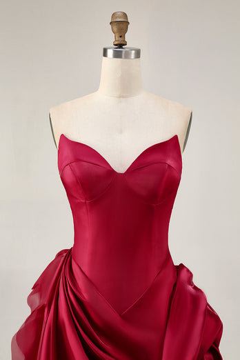 Burgundy Satin Short Tight Prom Dress with 3D Flower