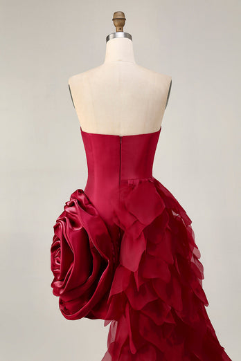 Burgundy Satin Short Tight Prom Dress with 3D Flower