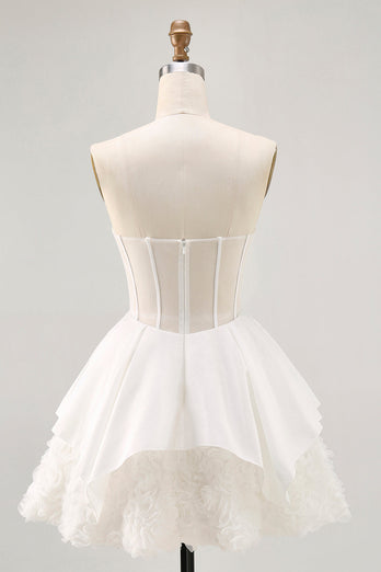 White Tiered Strapless Short Corset Prom Dress with Ruffles