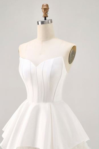 White Tiered Strapless Short Corset Prom Dress with Ruffles