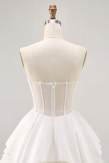 White Tiered Strapless Short Corset Prom Dress with Ruffles