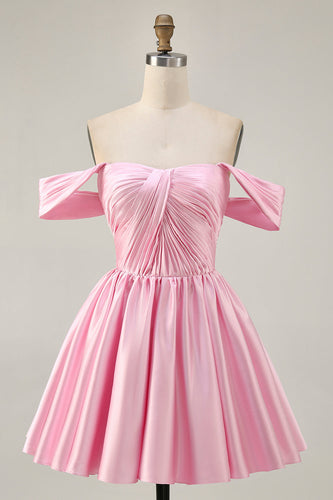 Pink Off the Shoulder A Line Satin Short Prom Dress