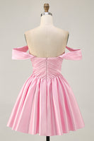 Load image into Gallery viewer, Pink Off the Shoulder A Line Satin Short Prom Dress