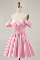 Load image into Gallery viewer, Pink Off the Shoulder A Line Satin Short Prom Dress