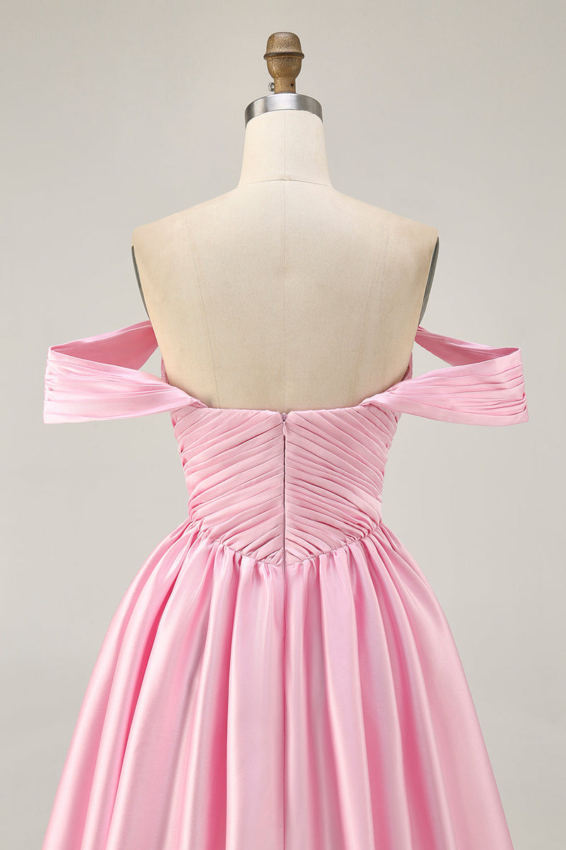 Load image into Gallery viewer, Pink Off the Shoulder A Line Satin Short Prom Dress