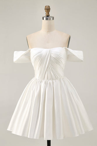 White Off the Shoulder Satin A Line Short Prom Dress