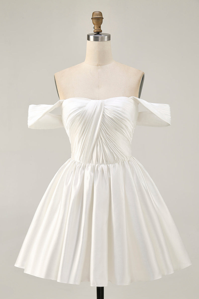 Load image into Gallery viewer, White Off the Shoulder Satin A Line Short Prom Dress