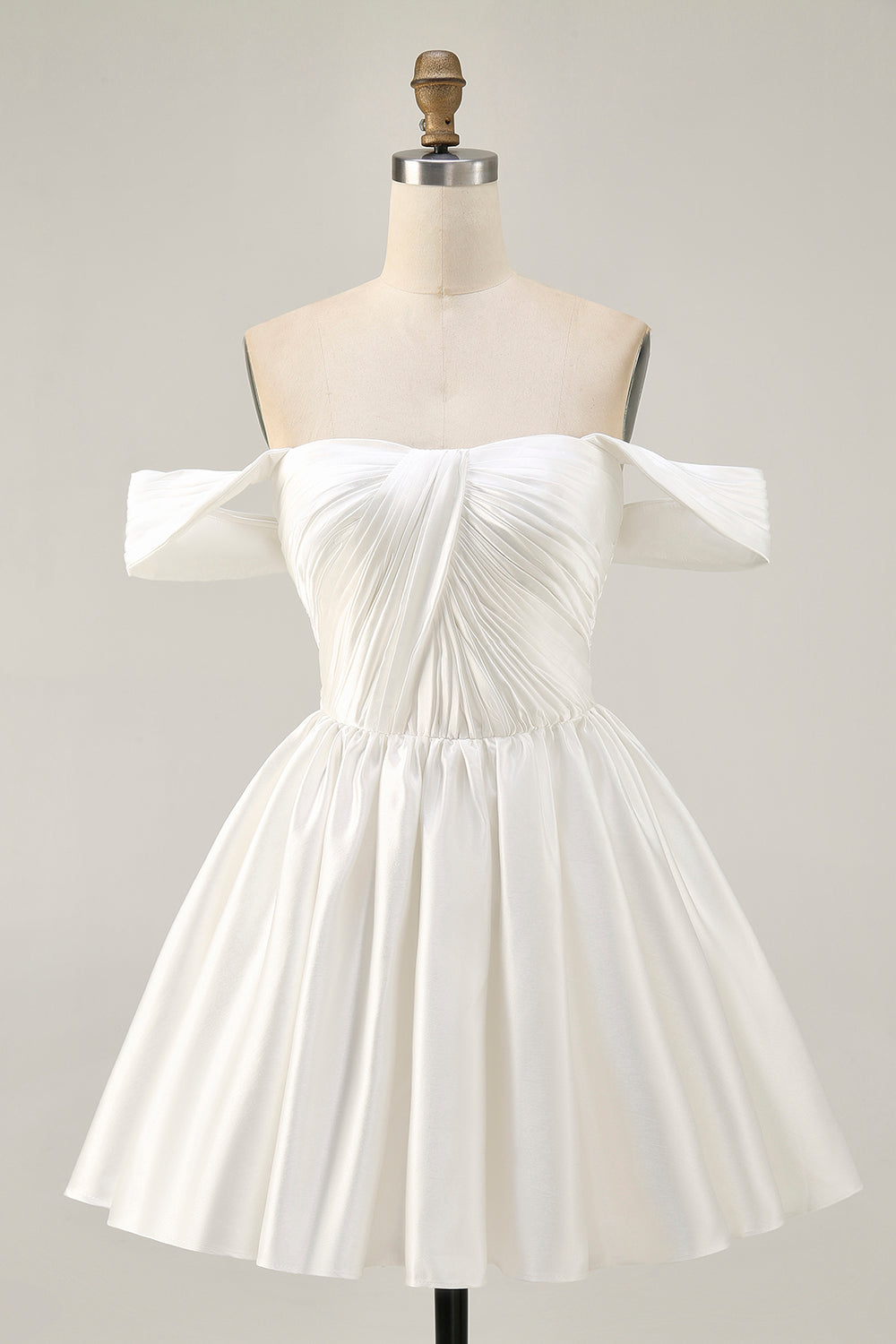 White Off the Shoulder Satin A Line Short Prom Dress