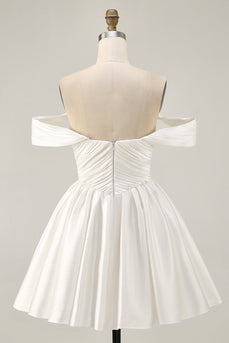 White Off the Shoulder Satin A Line Short Prom Dress