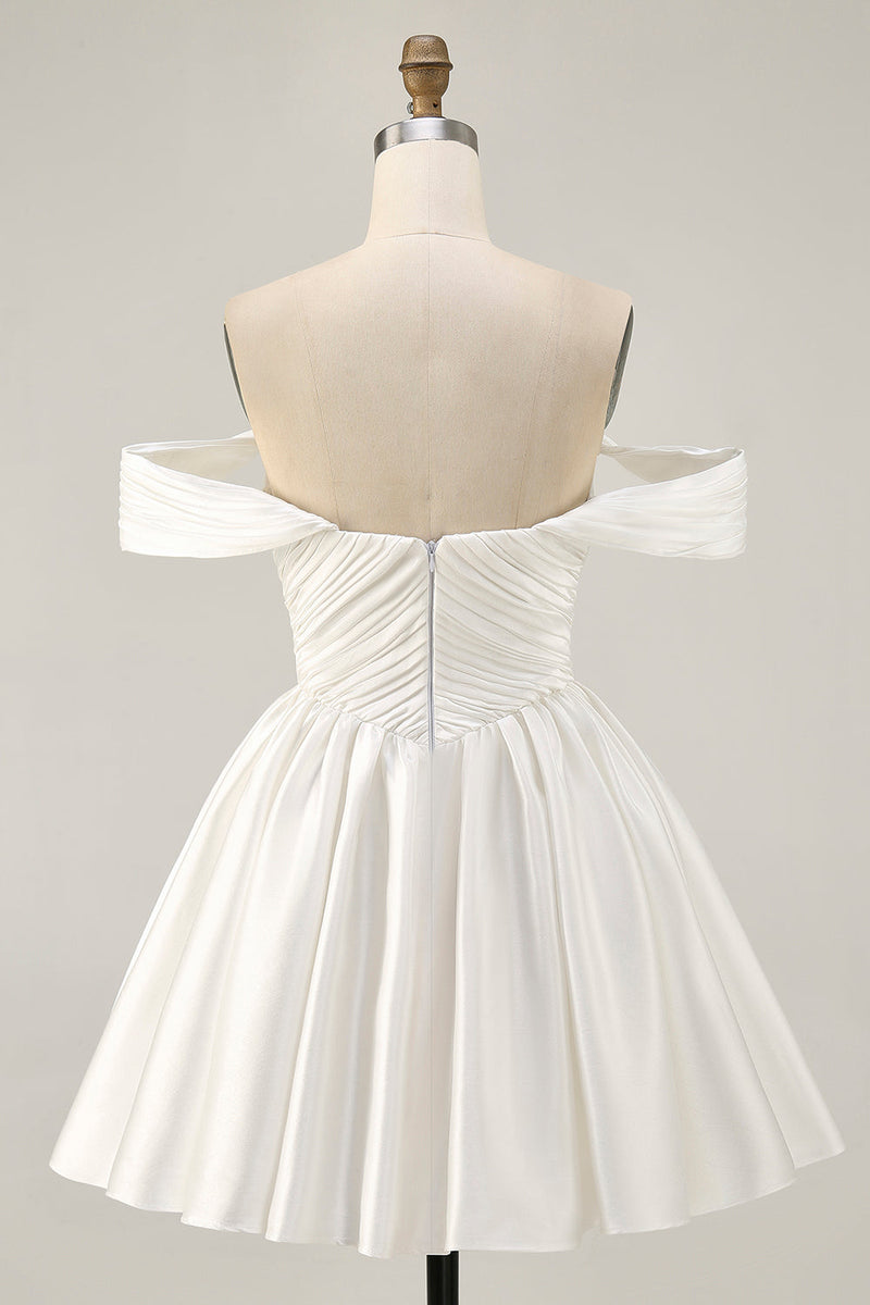 Load image into Gallery viewer, White Off the Shoulder Satin A Line Short Prom Dress
