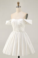 Load image into Gallery viewer, White Off the Shoulder Satin A Line Short Prom Dress