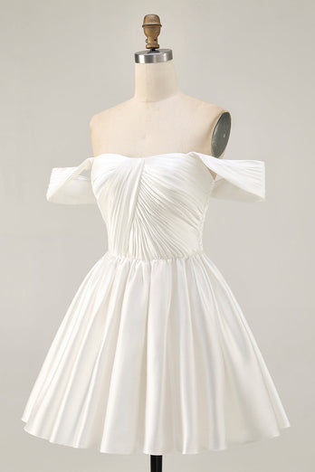 White Off the Shoulder Satin A Line Short Prom Dress