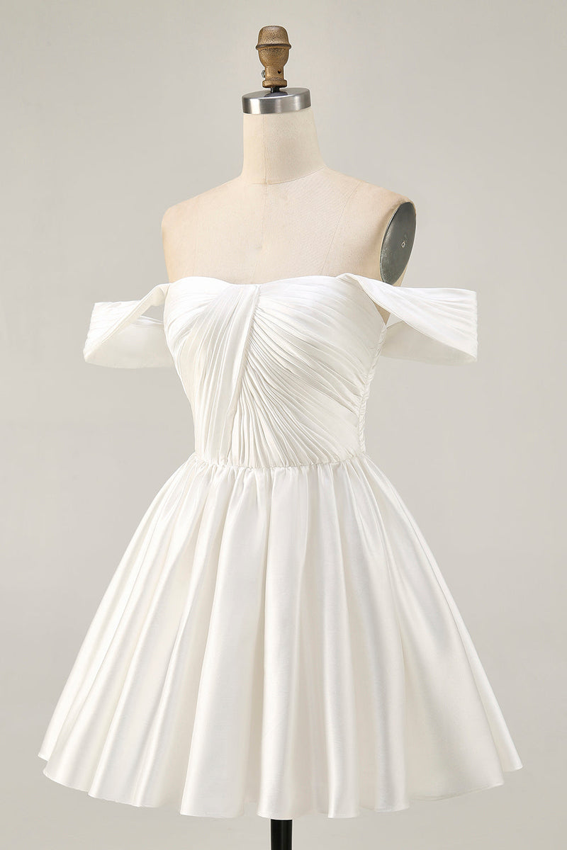Load image into Gallery viewer, White Off the Shoulder Satin A Line Short Prom Dress