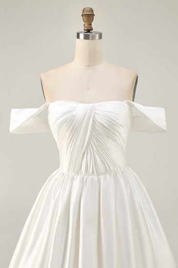 White Off the Shoulder Satin A Line Short Prom Dress