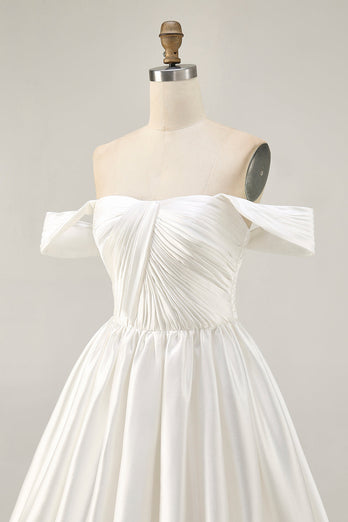 White Off the Shoulder Satin A Line Short Prom Dress
