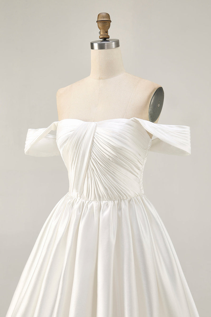 Load image into Gallery viewer, White Off the Shoulder Satin A Line Short Prom Dress