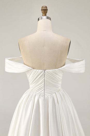 White Off the Shoulder Satin A Line Short Prom Dress