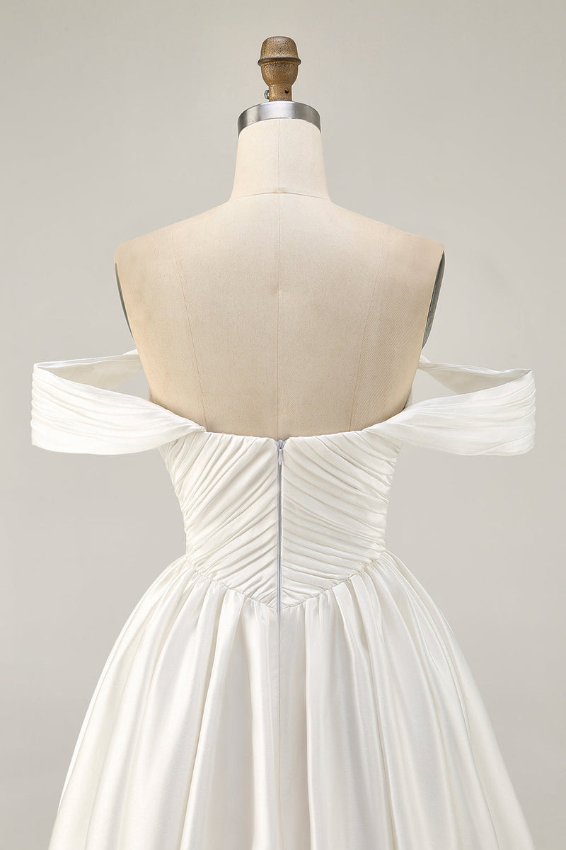 Load image into Gallery viewer, White Off the Shoulder Satin A Line Short Prom Dress