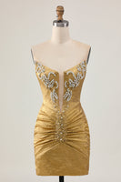 Load image into Gallery viewer, Sparkly Golden Short Strapless Tight Prom Dress with Beading