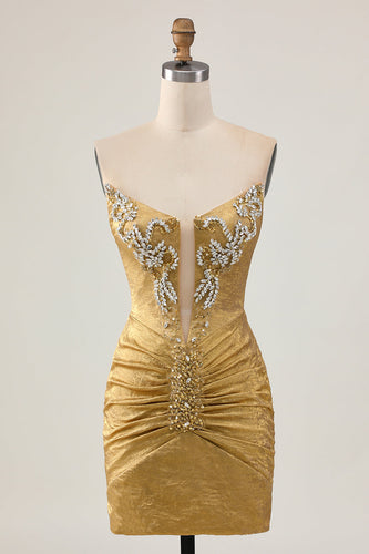Sparkly Golden Short Strapless Tight Prom Dress with Beading