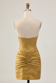 Sparkly Golden Short Strapless Tight Prom Dress with Beading