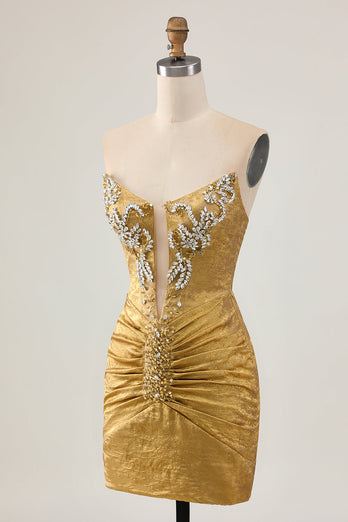 Sparkly Golden Short Strapless Tight Prom Dress with Beading