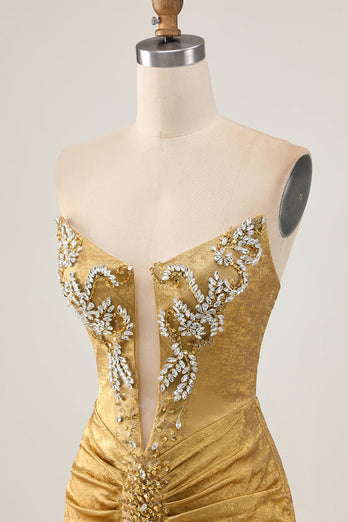 Sparkly Golden Short Strapless Tight Prom Dress with Beading