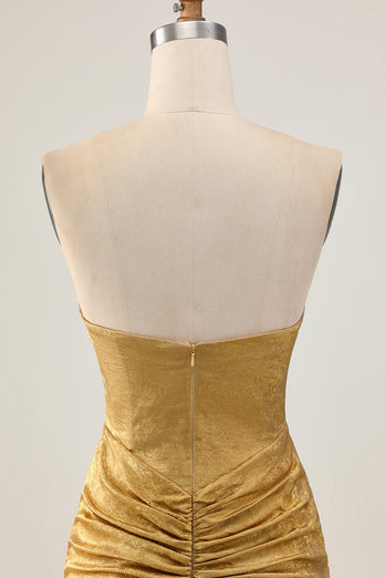 Sparkly Golden Short Strapless Tight Prom Dress with Beading