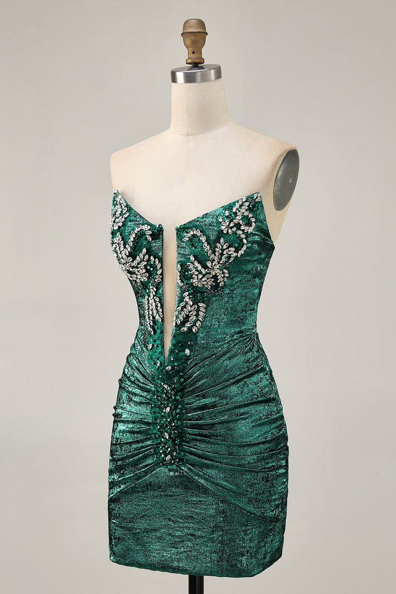 Load image into Gallery viewer, Sparkly Golden Short Strapless Tight Prom Dress with Beading