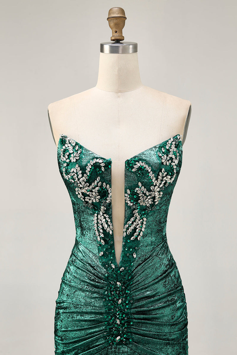 Load image into Gallery viewer, Sparkly Golden Short Strapless Tight Prom Dress with Beading