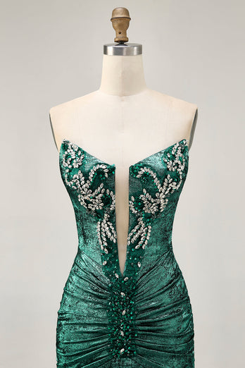 Sparkly Wine Strapless Tight Metallic Short Prom Dress with Beading