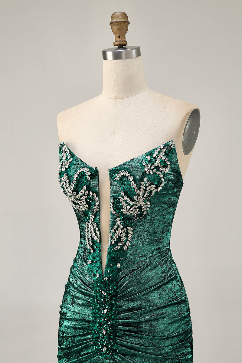 Load image into Gallery viewer, Sparkly Golden Short Strapless Tight Prom Dress with Beading