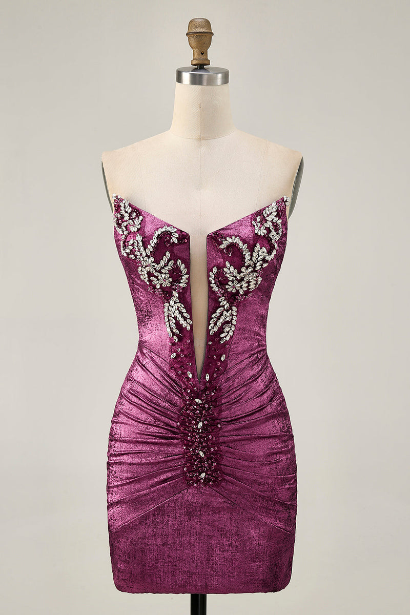 Load image into Gallery viewer, Sparkly Golden Short Strapless Tight Prom Dress with Beading
