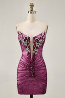 Load image into Gallery viewer, Sparkly Wine Strapless Tight Metallic Short Prom Dress with Beading