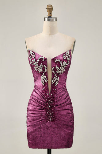Sparkly Wine Strapless Tight Metallic Short Prom Dress with Beading