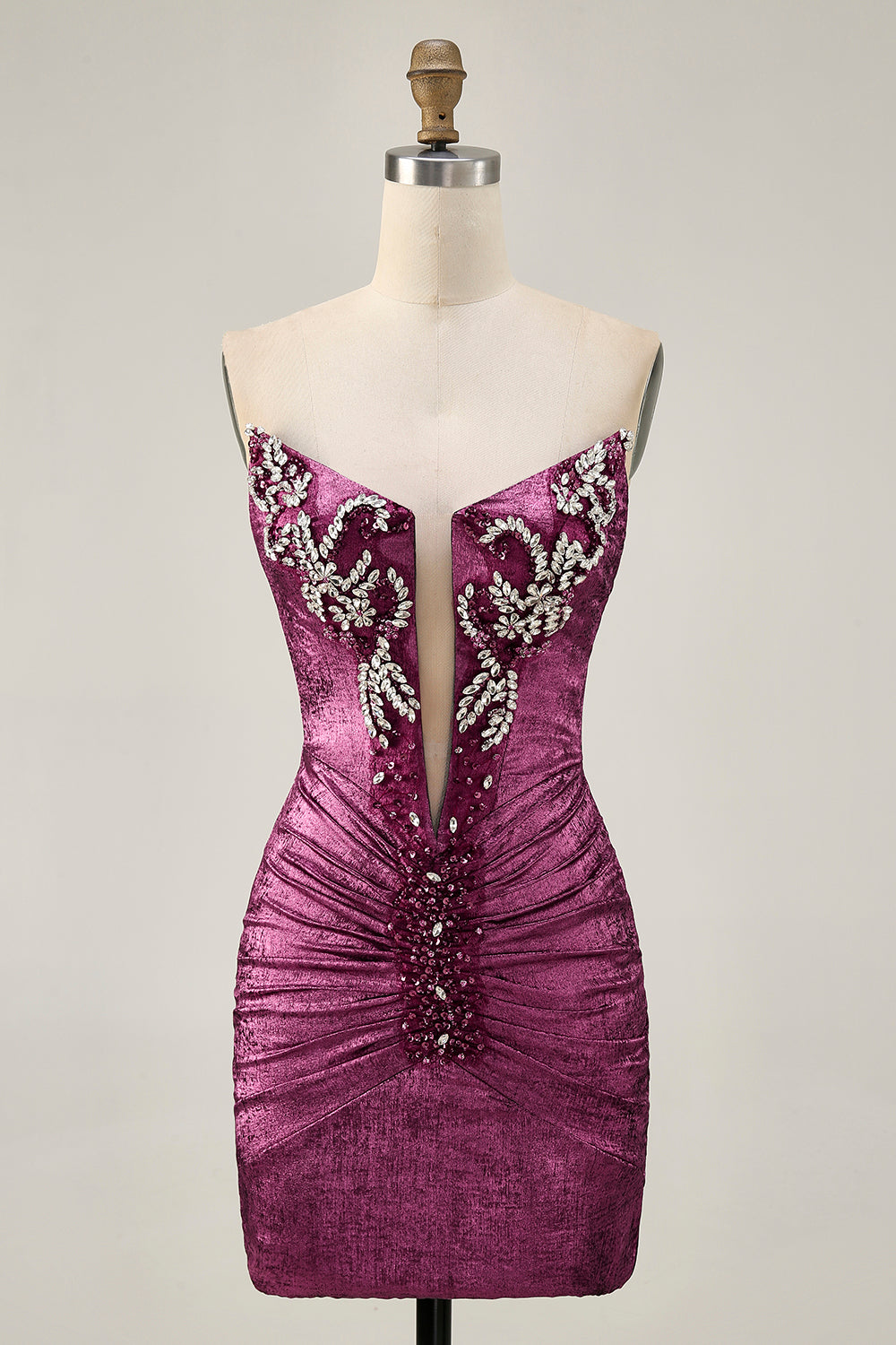 Sparkly Wine Strapless Tight Metallic Short Prom Dress with Beading