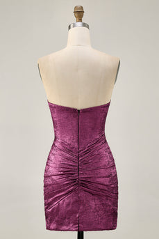 Sparkly Wine Strapless Tight Metallic Short Prom Dress with Beading