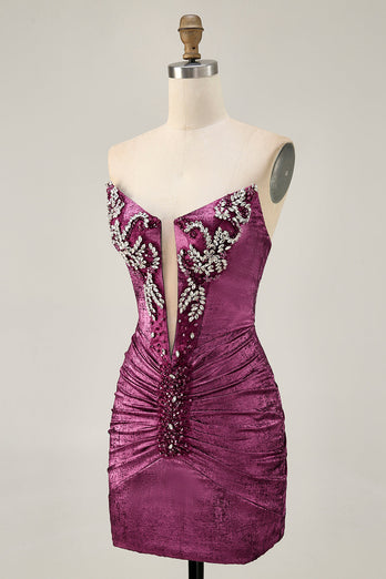 Sparkly Golden Short Strapless Tight Prom Dress with Beading