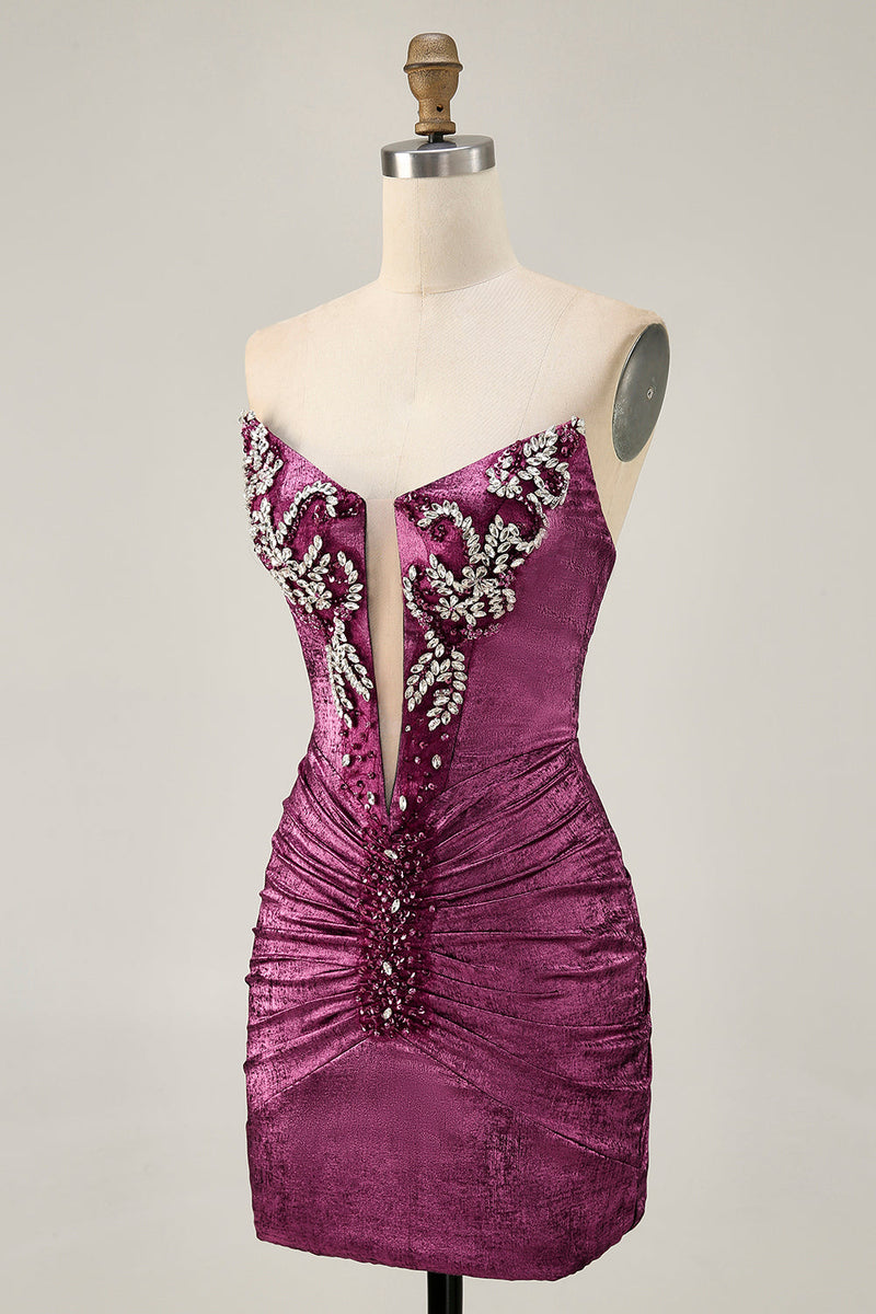 Load image into Gallery viewer, Sparkly Golden Short Strapless Tight Prom Dress with Beading