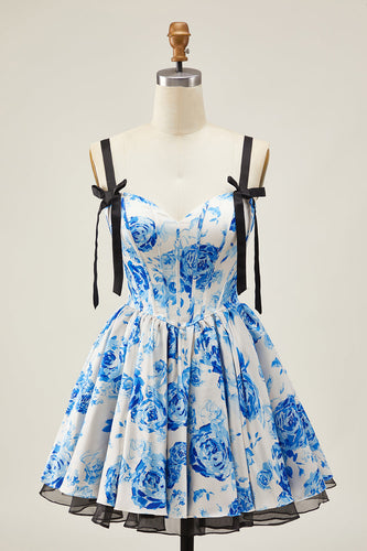 White Blue Corset A Line Short Floral Prom Dress with Bow
