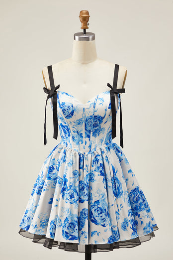 White Blue Corset A Line Short Floral Prom Dress with Bow