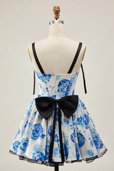 White Blue Corset A Line Short Floral Prom Dress with Bow