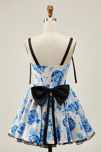 White Fuchsia A Line Floral Short Corset Prom Dress with Bow