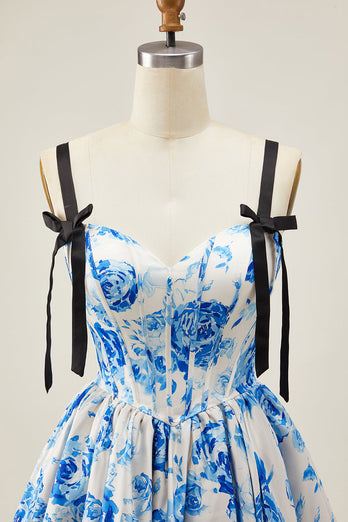 White Blue Corset A Line Short Floral Prom Dress with Bow